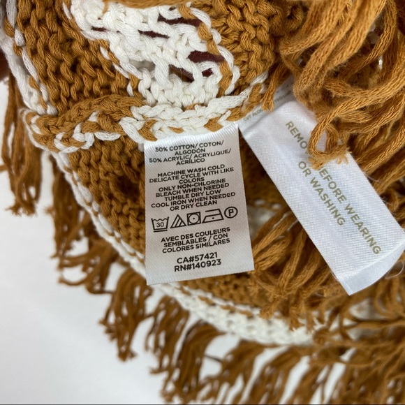 Lou & Grey for LOFT Mustard Yellow & White Open Knit Fringe Sweater - Picture 7 of 8